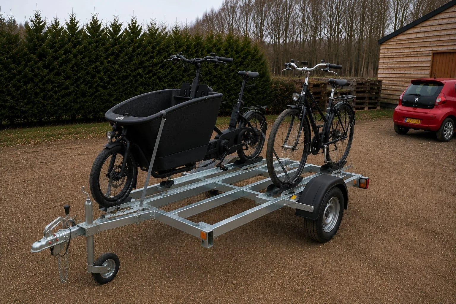 Fietsenaanhanger geladen met een bakfiets en twee elektrische fietsen in de wielgoten
