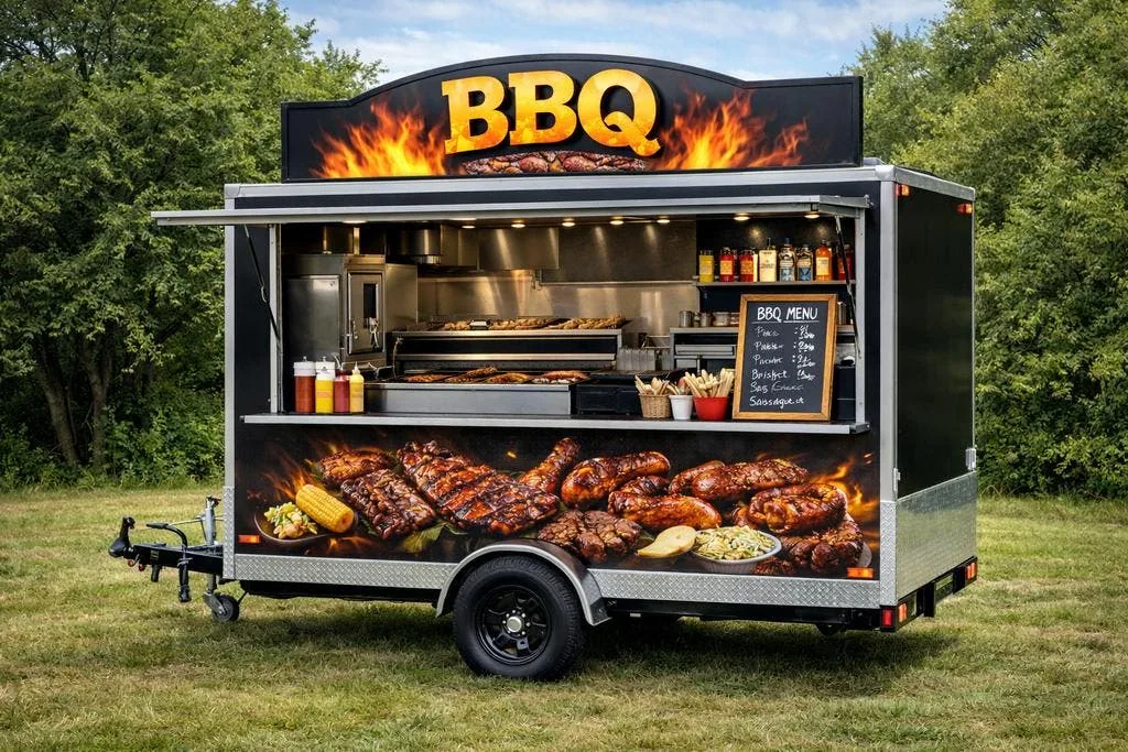 Verkoopwagen van PardyTec, uitgevoerd als BBQ-wagen met geopende verkoopluifel