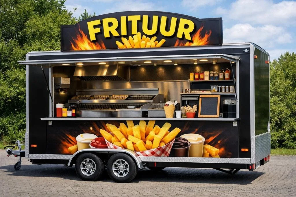 Verkoopwagen uitgevoerd als frietwagen, met geopende luifel en verlichte menubalk