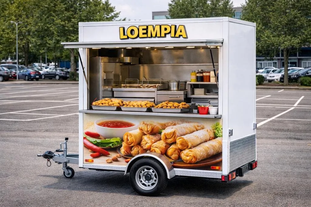 Verkoopwagen uitgevoerd als loempiakraam, met geopende luifel en verlichte werkruimte