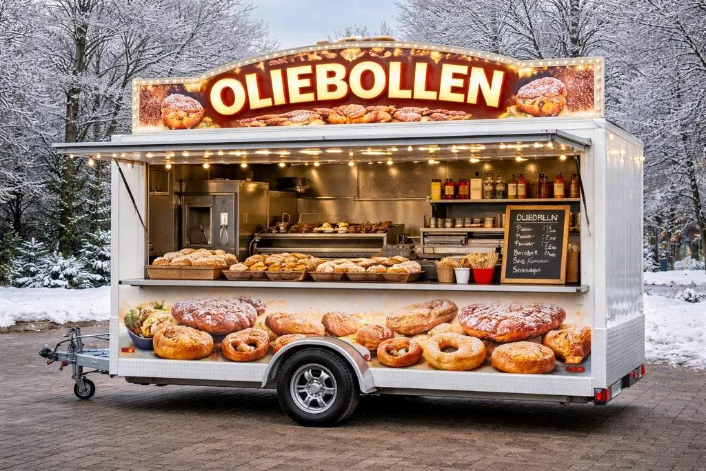 Verkoopwagen uitgevoerd als oliebollenkraam, 's winters met verlichte uitstalling