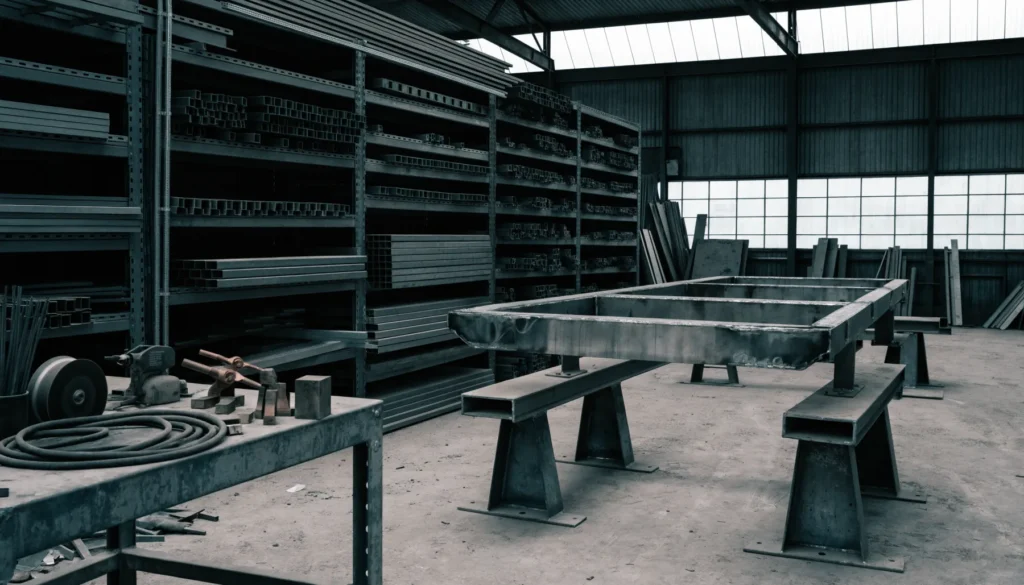 De eigen werkplaats: gestapeld staalprofiel langs de wand en een aanhangwagenchassis op bokken